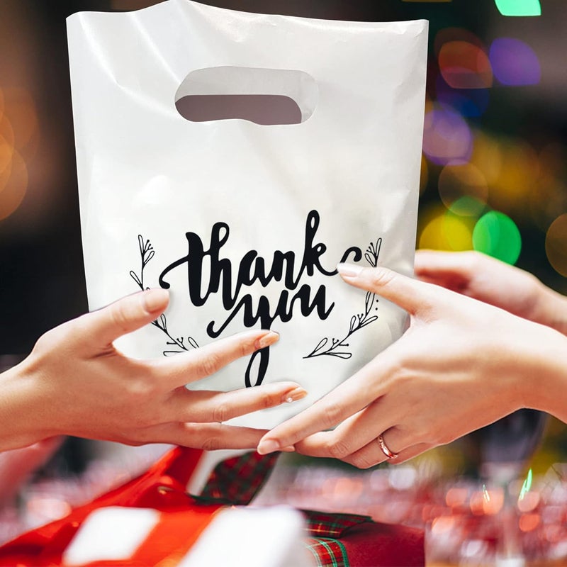 KEEPARTY 100 PCS Small Thank You Merchandise Bags Plastic Goodie Bags Party Favor Bags for Birthday Party Baby Shower Wedding Merchandise Gifts Trade Shows (White) - Image 5